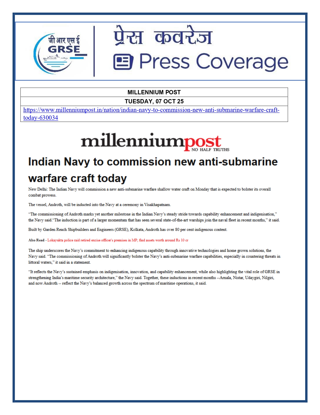 Press Coverage : 07 Oct 25:Proud Moment For GRSE As Second ASW SWC INS Androth Gets Commissioned Into Navy  